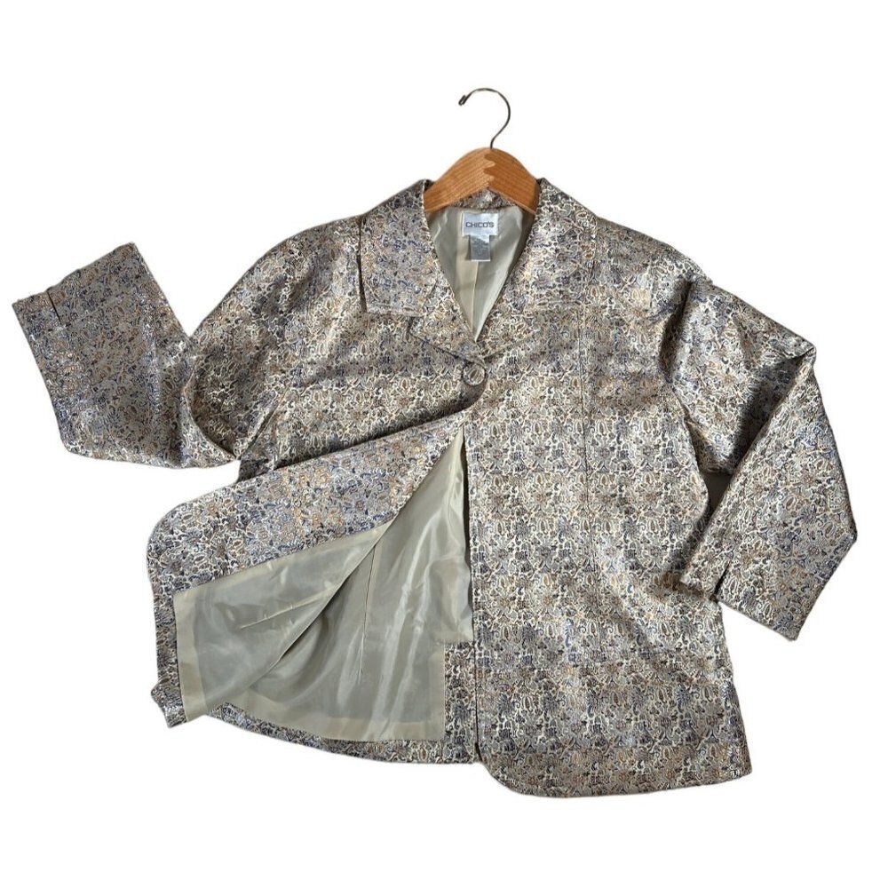 Chicos Womens Size 2 Large Blazer Lined Metallic Brocade Jacket Rayon‎ Blend EUC